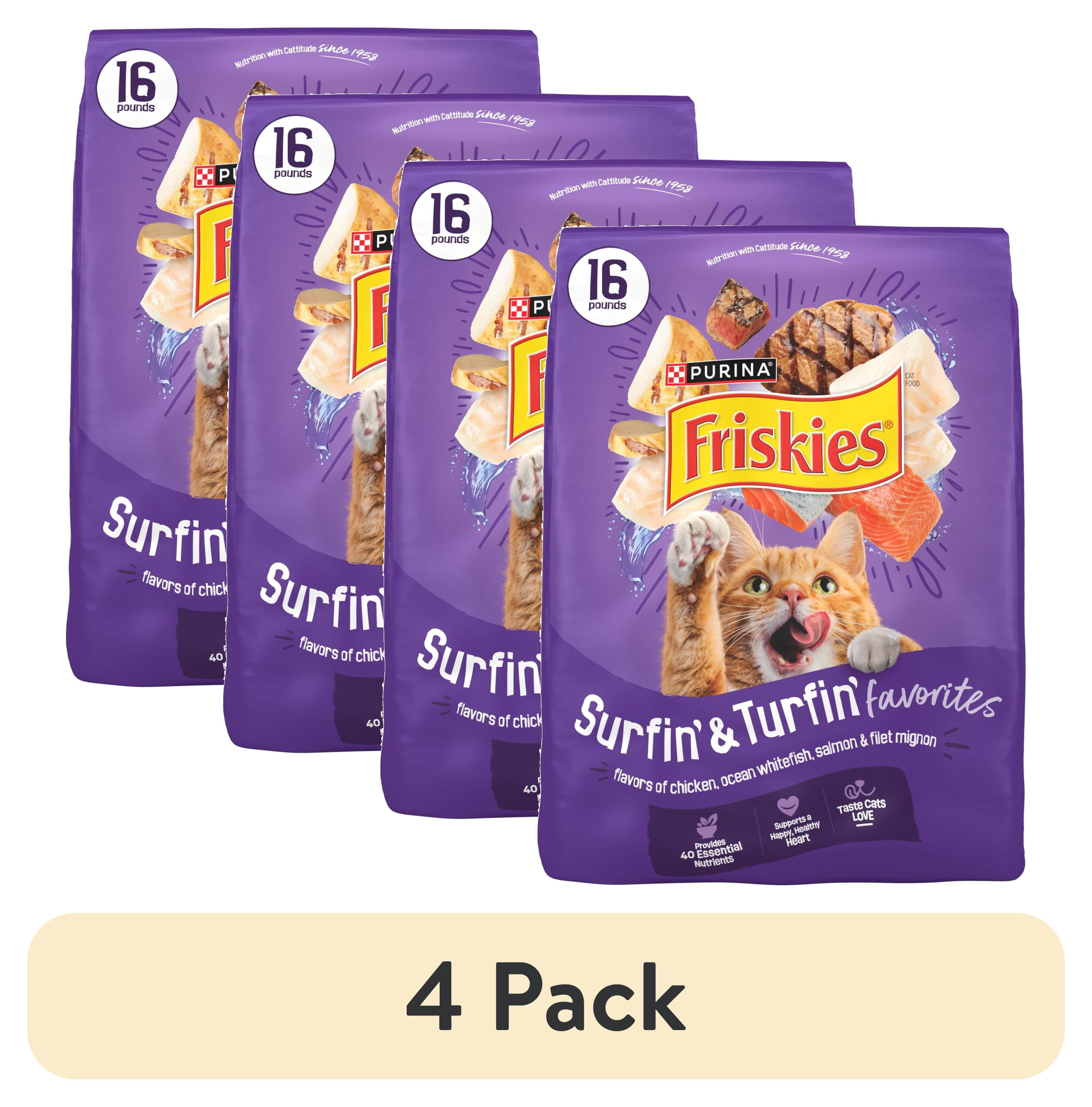 (4 pack) Purina Friskies Surfin and Turfin Favorites Dry Cat Food Flavors of Chicken, Whitefish, Salmon and Filet Mignon, 16 lb Bag