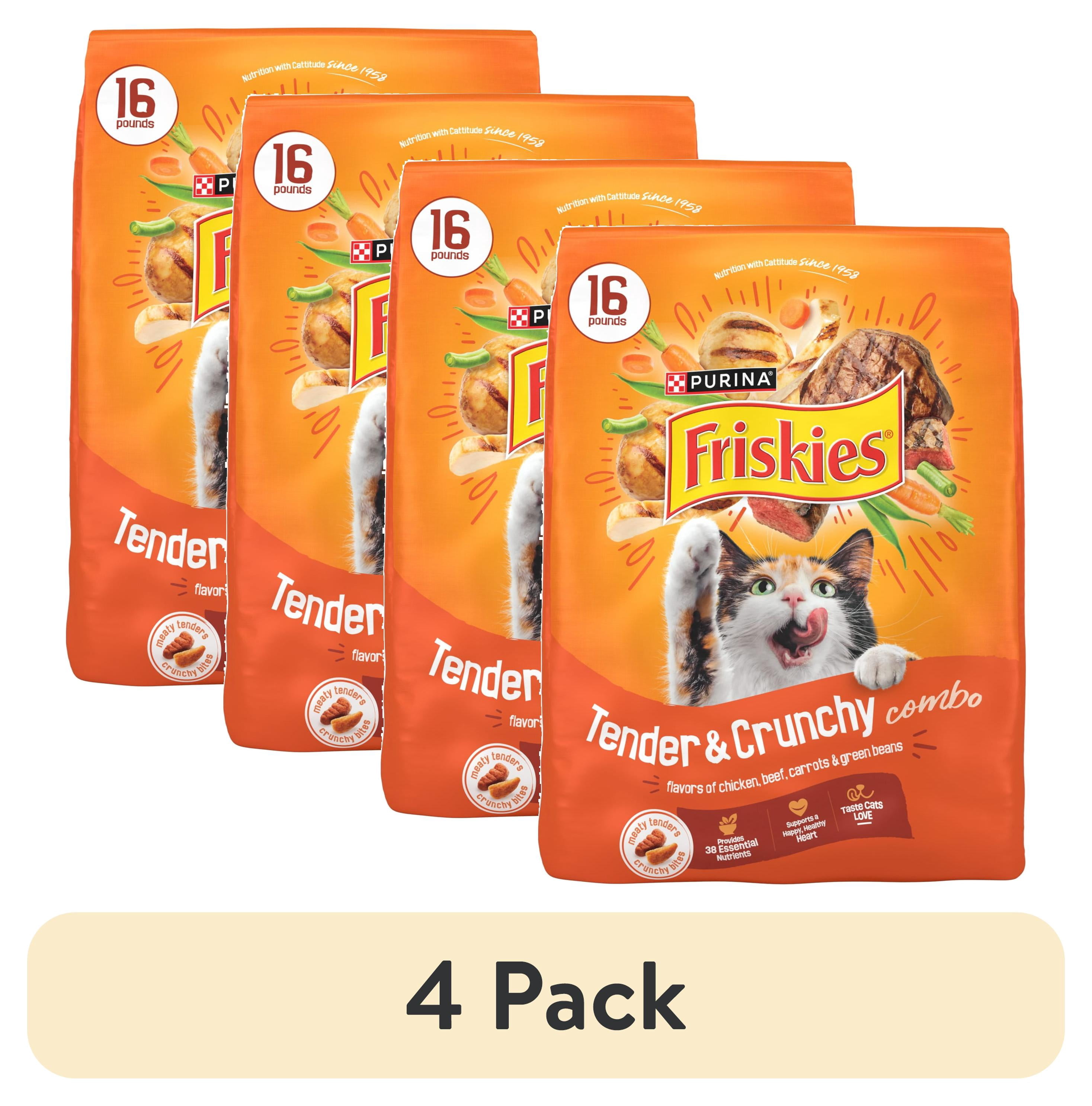 (4 pack) Purina Friskies Tender and Crunch'd With Flavors of Chicken, Beef, Carrots and Green Beans Dry Cat Food, 16 lb Bag