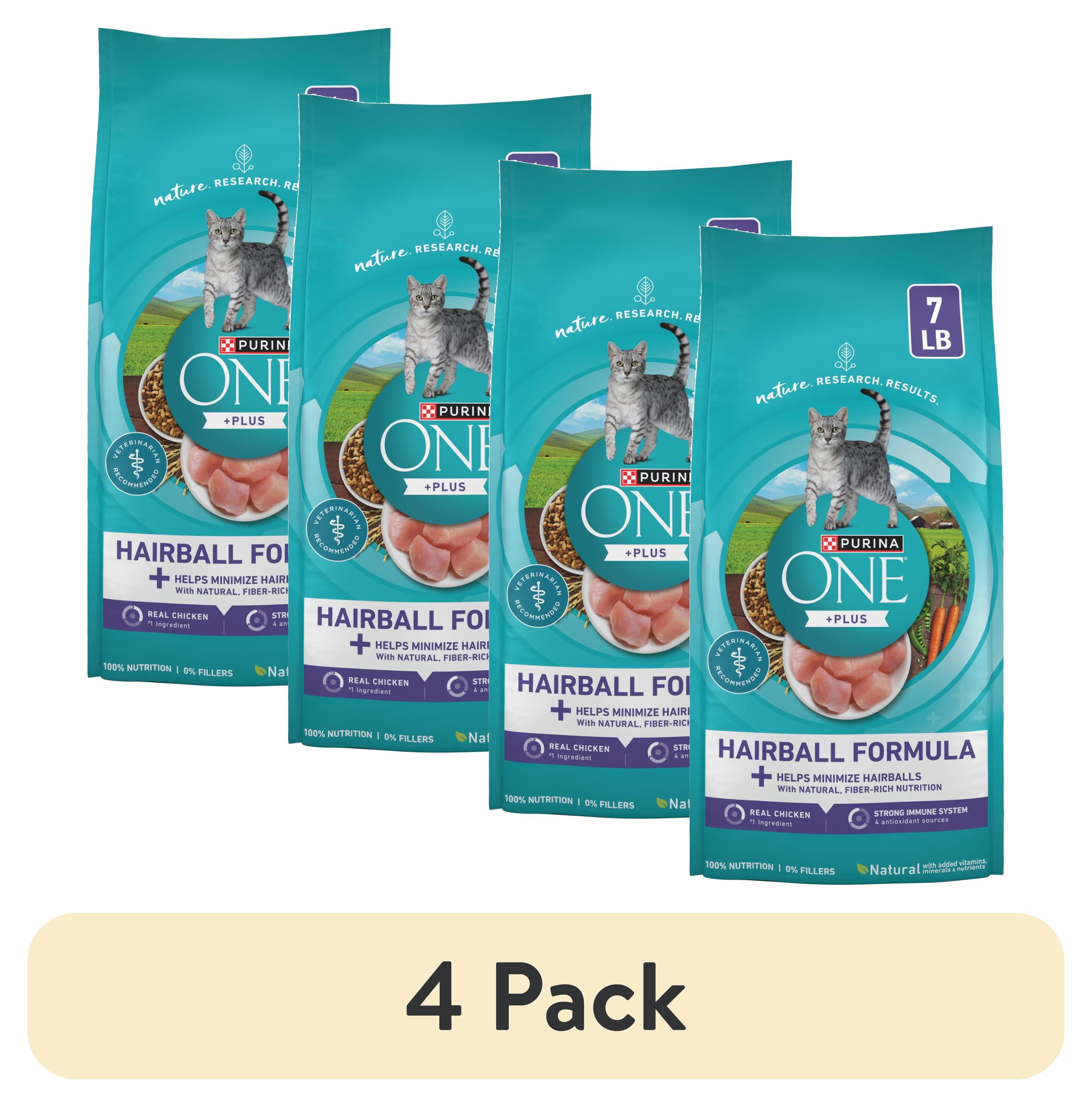 (4 pack) Purina ONE Plus, Hairball Formula Dry Cat Food, Chicken, 7 lb Bag, 4 Pack