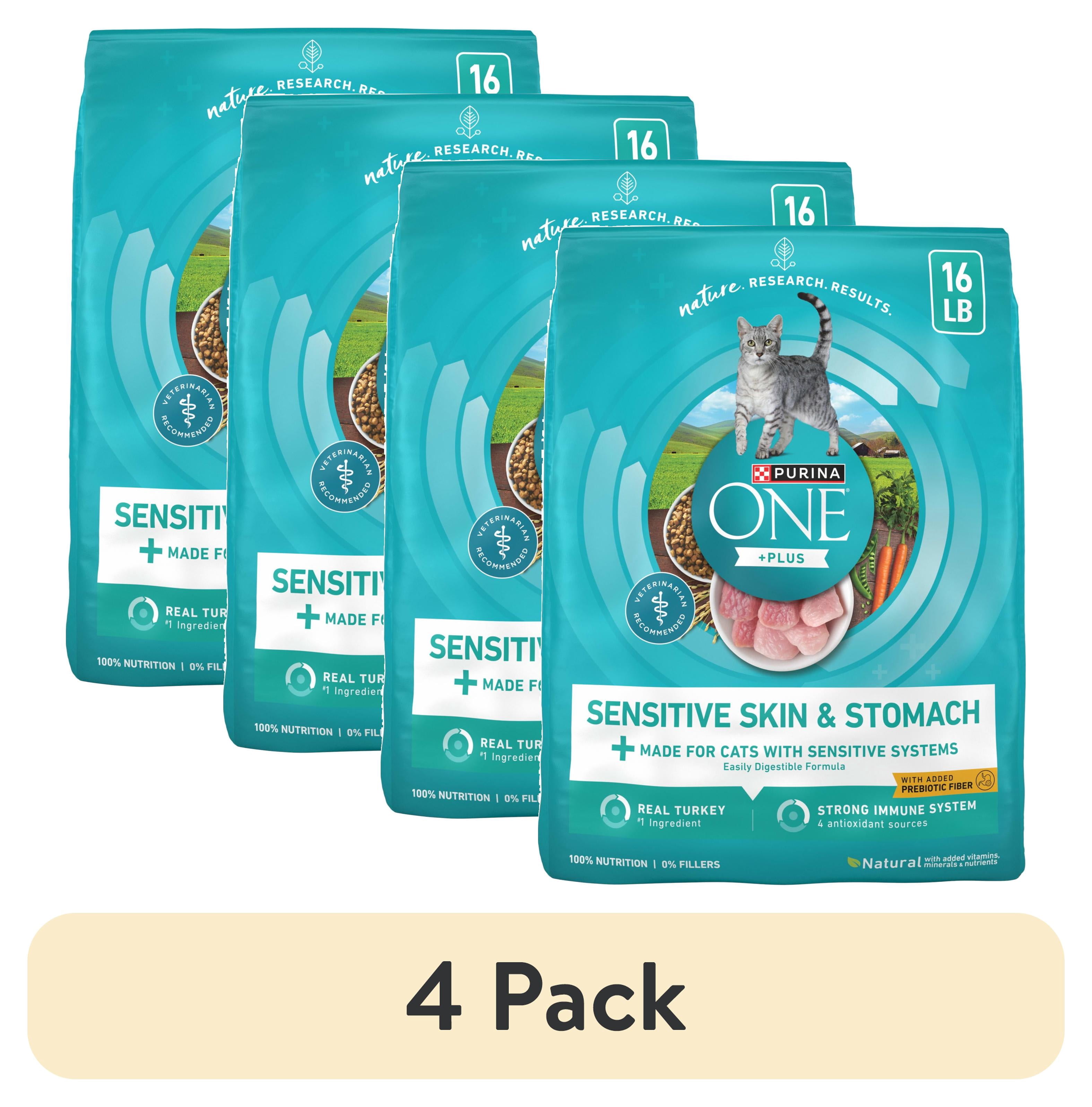 (4 pack) Purina ONE Plus, Sensitive Skin & Stomach, Dry Cat Food, Turkey, 16 lb Bag