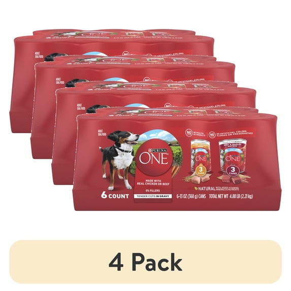 (4 pack) Purina ONE Tender Cuts in Gravy Chicken and Brown Rice, and Beef and Barley Entrees Wet Dog Food Variety Pack, 13 oz Cans ()