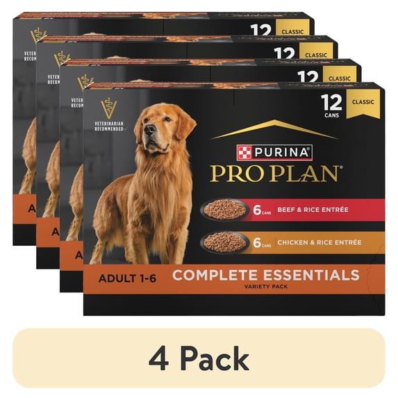 (4 pack) Purina Pro Plan Complete Essentials Wet Dog Food Chicken and Rice Entree and Beef and Rice Entree Variety Pack, 13 oz Cans (12 Pack)