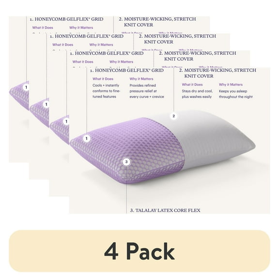 (4 pack) Purple Harmony Pillow Standard, Tall - 360º Purple Grid Hex Technology, Hypoallergenic