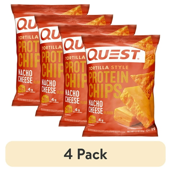 (4 pack) Quest Tortilla Style Protein Chips, Nacho Cheese, 1.1oz, 1 Ct