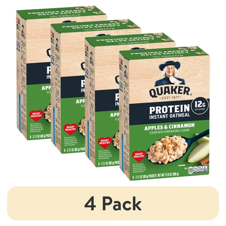 (4 pack) Quaker Protein Instant Oatmeal, Apples & Cinnamon, 12g Protein per Serving, Whole Grains, 2.11 oz Packets, (6 Pack)