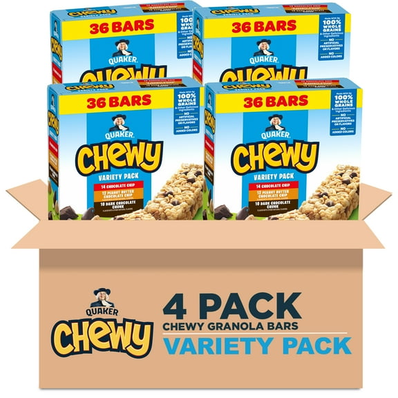 (4 pack) Quaker Chewy Granola Bars, 3 Flavor Variety Pack, 30.4 oz, 36 Count