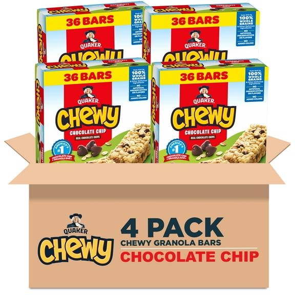(4 pack) Quaker Chewy Granola Bars, Chocolate Chip Flavor, 0.84 oz, 36 Count