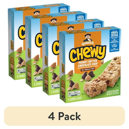 (4 pack) Quaker Oats Peanut Butter Choco Chip Granola Bars - Individually Wrapped - Peanut Butter, Chocolate Chip - 6.70 oz - 96 / Carton