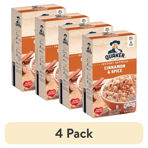 (4 pack) Quaker Cinnamon Spice flavored Instant Oatmeal, 12.1 oz Box