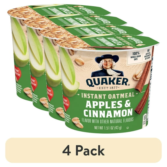 (4 pack) Quaker Instant Oatmeal, Apple Cinnamon, Quick Cook Oatmeal, 1.5oz Cup
