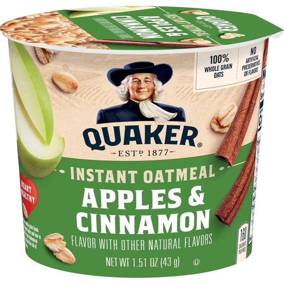 (4 pack) Quaker Instant Oatmeal, Apple Cinnamon, Quick Cook Oatmeal, 1.5oz Cup