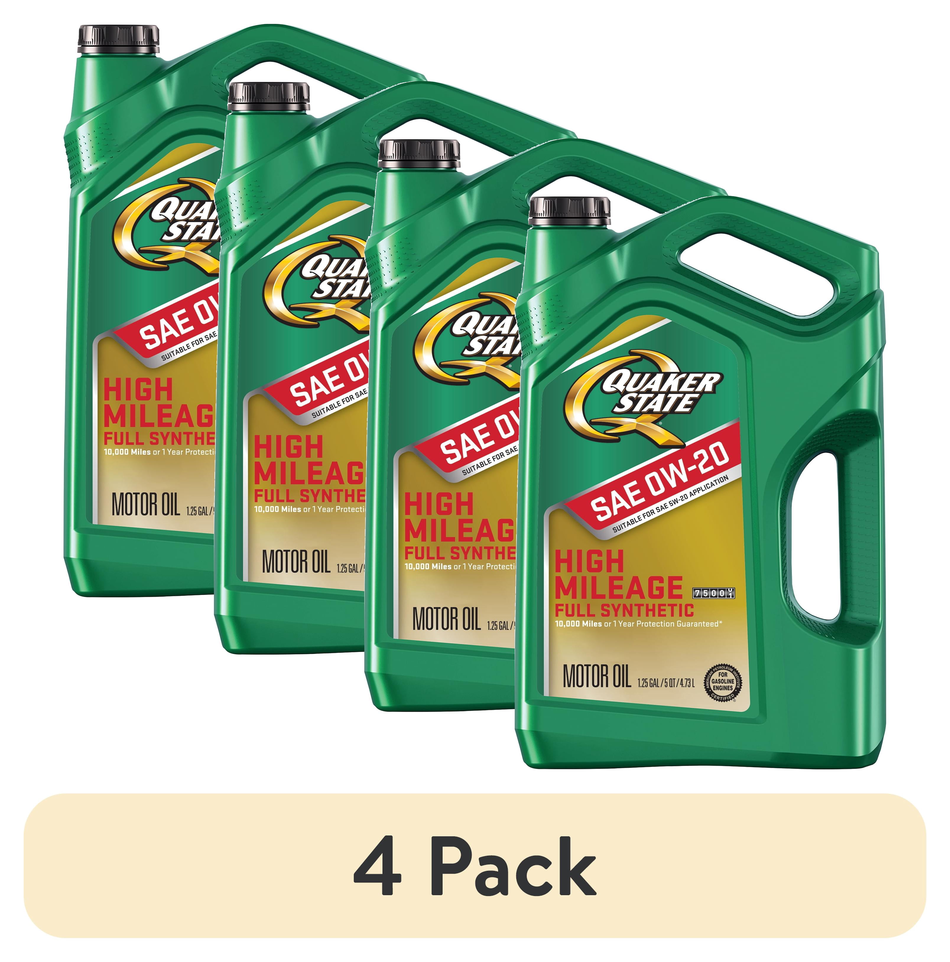 (4 pack) Quaker State Full Synthetic High Mileage 0W-20 Motor Oil, 5 Quart