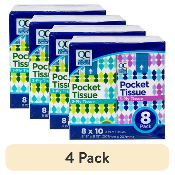 (4 pack) Quality Choice Tissue Pocket Packs 3-Ply White 8 Packets Each