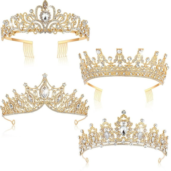 4 pack Queen Crowns for Women Pageant Crown with Combs Princess Rhinestones Tiara Headband Prom Tiara for Quinceanera Birthday Cosplay Wedding Gold