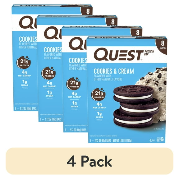(4 pack) Quest Protein Bar, Cookies & Cream, High Protein, Gluten Free, 8 Count