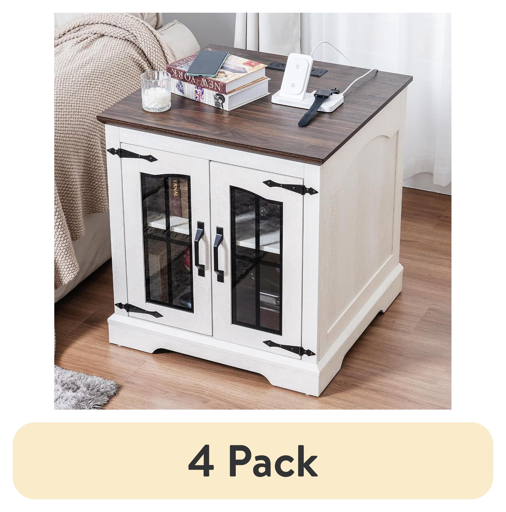 (4 pack) RTC Group Farmhouse Nightstand with Charging Station – White End Table with Storage for Bedroom & Living Room