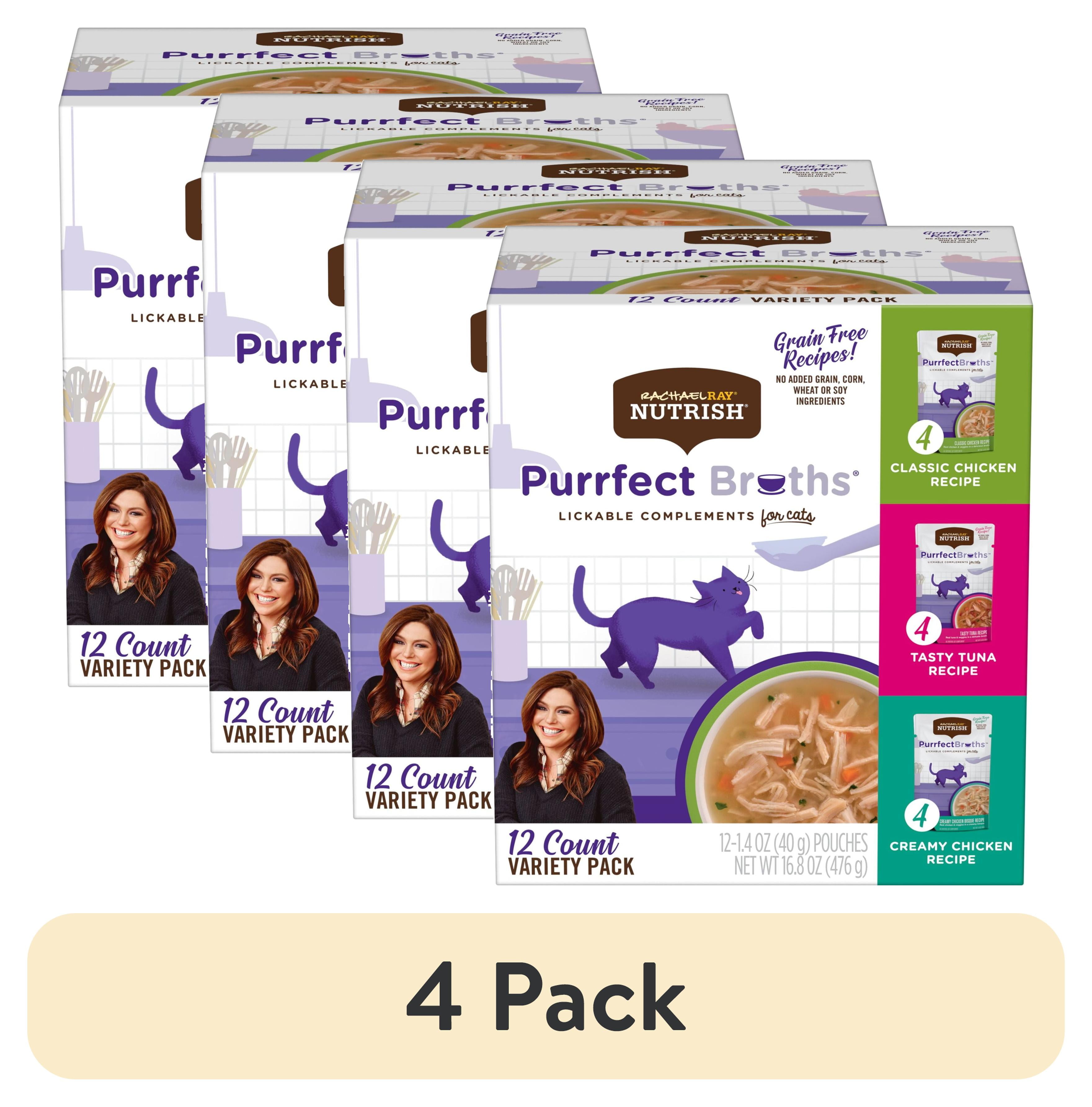 (4 pack) Rachael Ray Nutrish Purrfect Broths Variety Pack, Lickable Cat Treats, Box of 12-1.4 Ounce Pouches