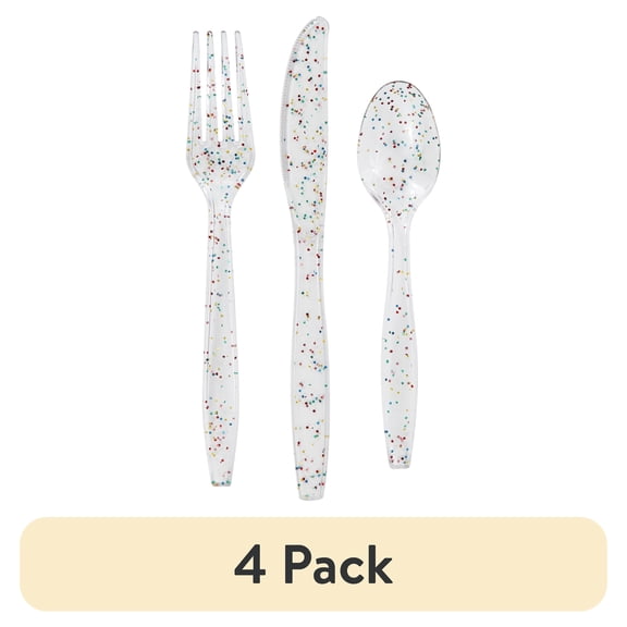 (4 pack) Rainbow Glitter Plastic Disposable Cutlery Set 24 Count by Way to Celebrate