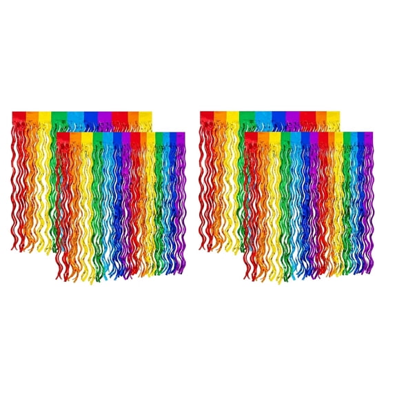 4 pack Rainbow Wave Metallic Foil Table Skirts, Colorful Tinsel Fringe Table Cover with Self-Adhesive for Birthday Wedding Graduation Party Decor