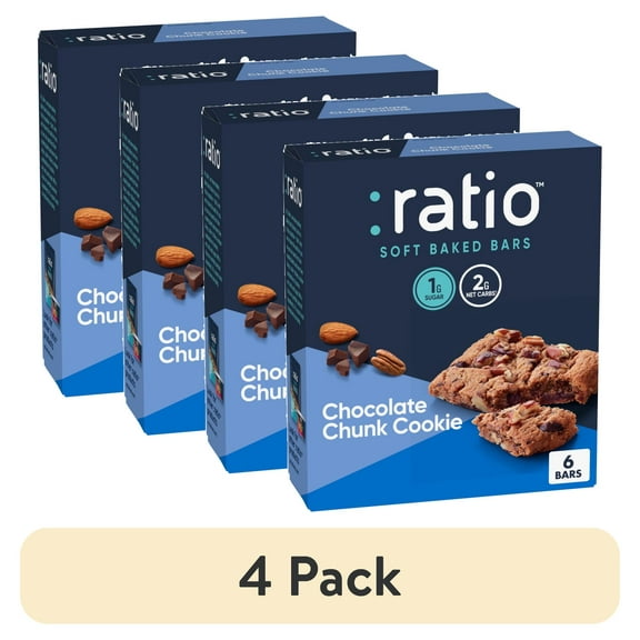 (4 pack) Ratio Soft Baked Bars, Chocolate Chunk Cookie, 1g Sugar, Keto Friendly, 5.34 oz (6 Bars)