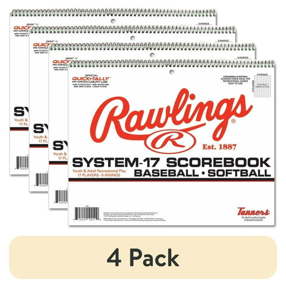 (4 pack) Rawlings Official System-17 Baseball & Softball Scorebook (9 Innings, 17 Players)