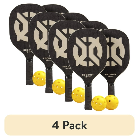 (4 pack) Recruit by ONIX Wood Pickleball Starter Set for All Ages and Levels to Learn to Play, Black