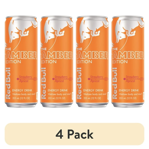 (4 pack) Red Bull Amber Edition Energy Drink, Strawberry Apricot, 114mg Caffeine, 12 fl. oz. Can