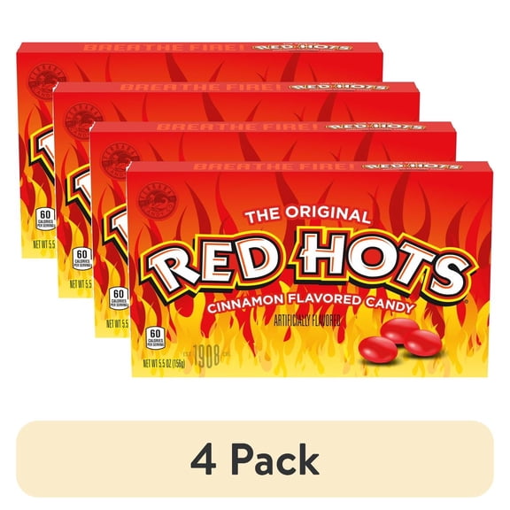 (4 pack) Red Hots Original Cinnamon Flavored Candy, Theater Box, 5.5 oz