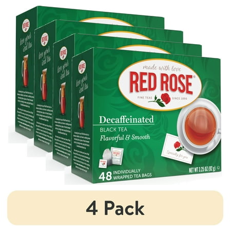 (4 pack) Red Rose Naturally Decaffeinated Black Tea Specially Blended Strong Black Tea with 48 Individually Wrapped Tea Bags Per Box (Pack of 2) Brew Hot/Cold Decaf Black Tea Full-bodied Flavorful Black Tea