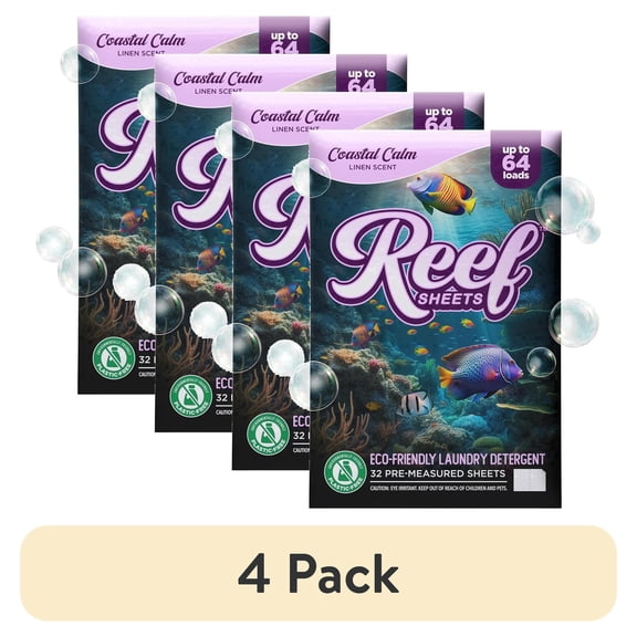 (4 pack) Reef Sheets Laundry Detergent Sheets,Plastic Free, Eco-Friendly, Coastal Calm Linen Scent 32ct pack