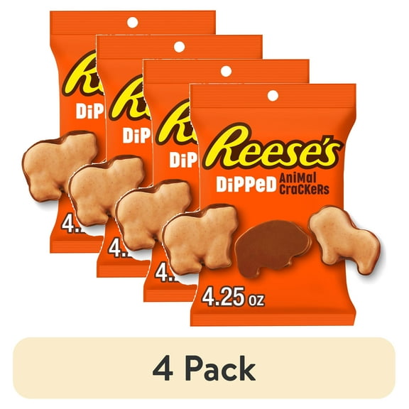 (4 pack) Reese's Chocolate and Peanut Butter Candy Dipped Animal Crackers, Bag 4.25 oz
