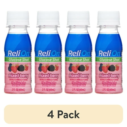 (4 pack) ReliOn Glucose Shot, Mixed Berry, 2 fl oz.; 15g of Fast-Acting Carbohydrates per Bottle.