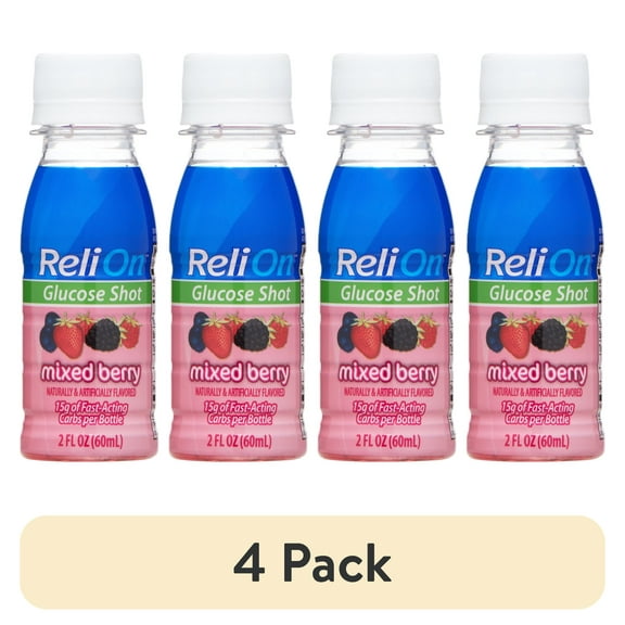 (4 pack) ReliOn Glucose Shot, Mixed Berry, 2 fl oz.; 15g of Fast-Acting Carbohydrates per Bottle.