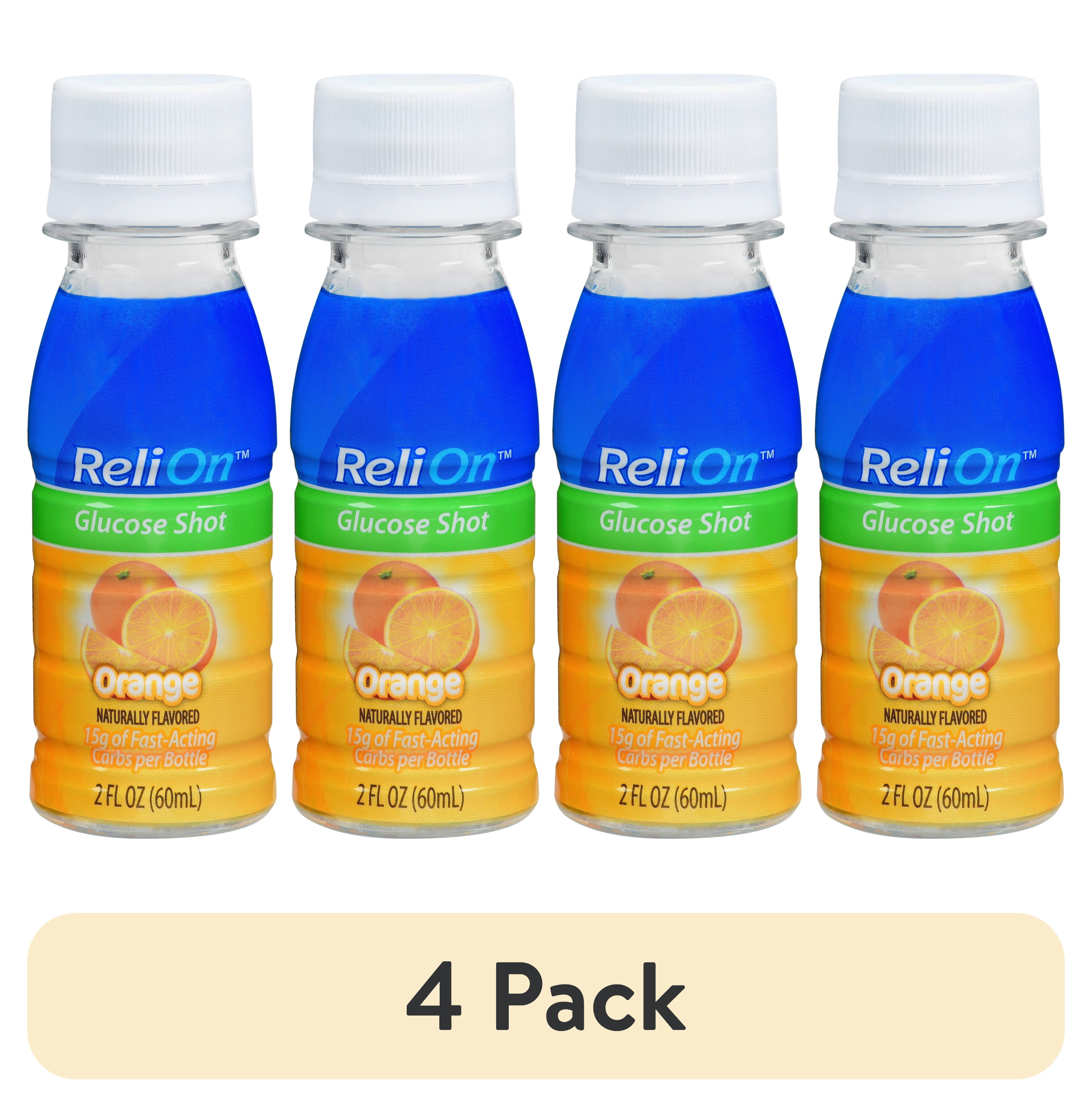 (4 pack) ReliOn Glucose Shot, Orange, 2 fl. oz., 15g of Fast-Acting Carbohydrates per Bottle