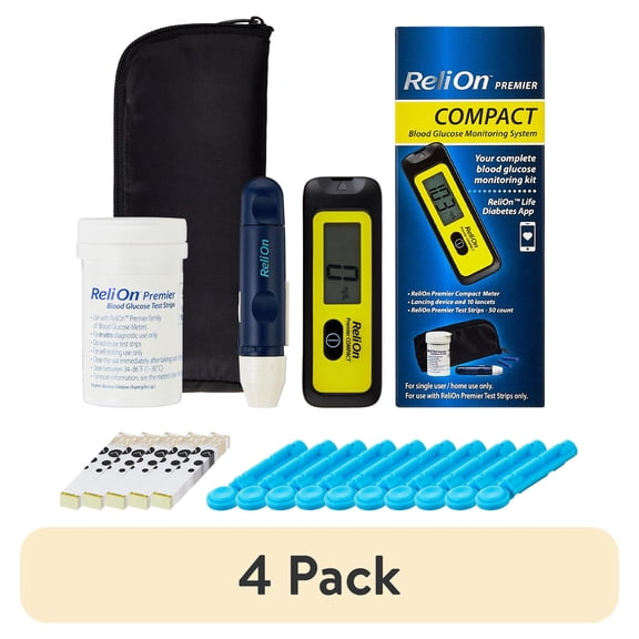 (4 pack) ReliOn Premier COMPACT Complete Blood Glucose Monitoring Kit