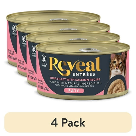 (4 pack) Reveal Pet Food Entrees Natural Wet Cat Food Tuna with Salmon Pate in Broth 2.47 oz Can