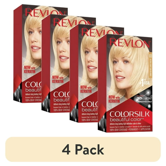 (4 pack) Revlon Colorsilk Beautiful Color Permanent Hair Dye, Dark Brown, At-Home Full Coverage Application Kit, 03 Ultra Light Sun Blonde, 1 count