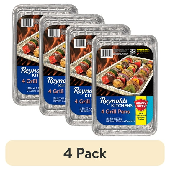 (4 pack) Reynolds Kitchens Grill Pan, Slotted Aluminum Grill Pans, 13.5 x 9 inch, 4 Count