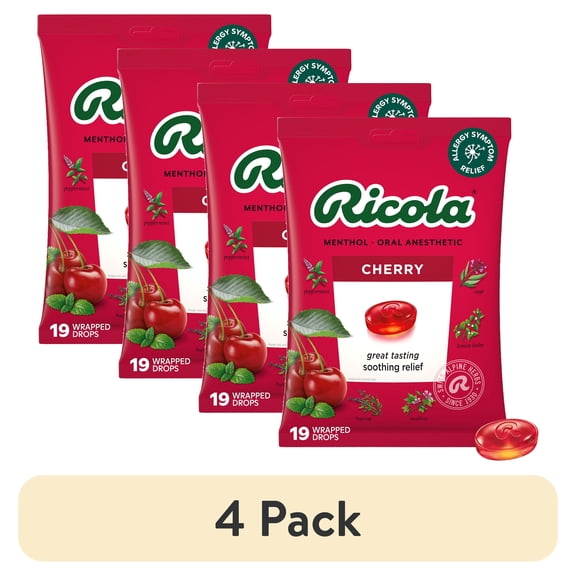 (4 pack) Ricola Cherry Herbal Throat Drops, Value Pack, 19 Count