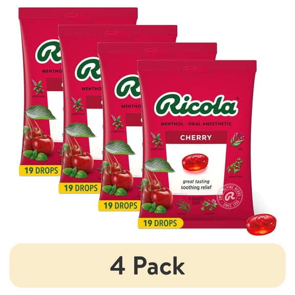 (4 pack) Ricola Cherry Throat Drops | Delicious Throat Refreshment & Oral Anesthetic, 19 Count