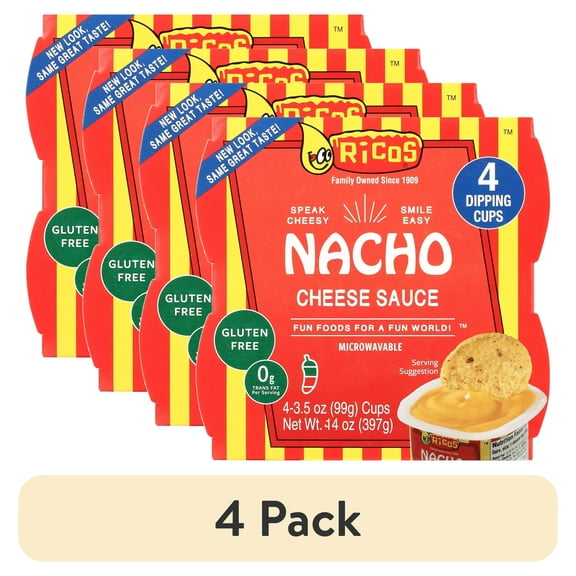 (4 pack) Ricos Nacho Cheese Sauce 3.5oz Cup, 4 Count, Shelf-Stable, Ready-To-Eat