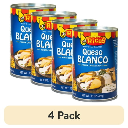 (4 pack) Ricos White Queso Blanco Creamy Cheddar Cheese Sauce, 15 oz Can, Shelf-Stable
