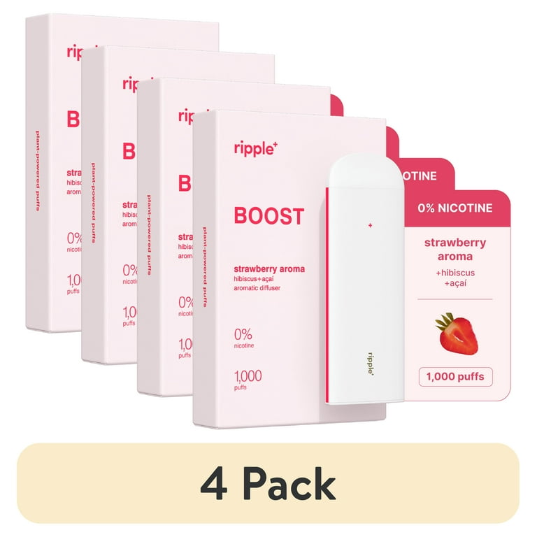 4 pack) Ripple Strawberry Diffuser - 1,000 Puffs, 0% Nicotine, + Hibiscus &  Açai, 100% Recyclable