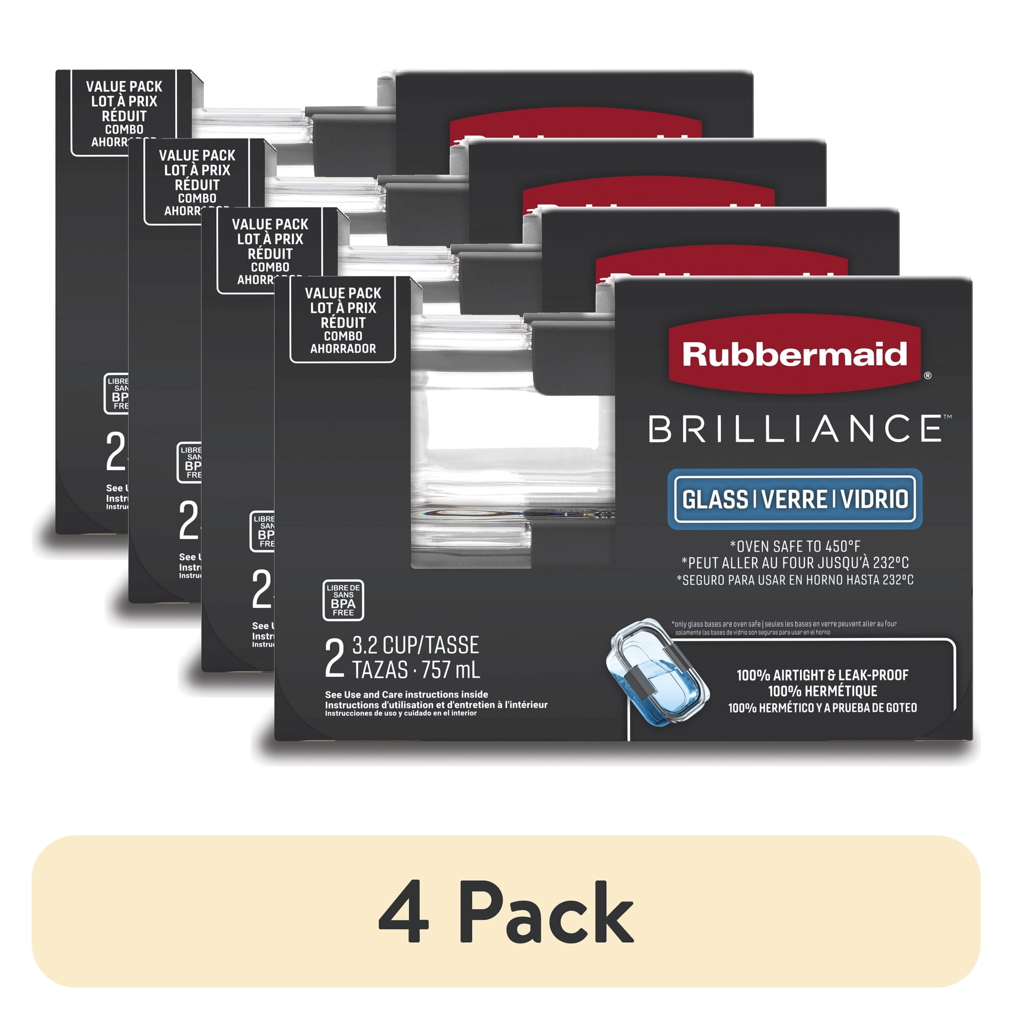 (4 pack) Rubbermaid Brilliance 3.2 Cup Glass Food Storage Containers, Set of 2, Best Used for Leftover Storage and Reheating