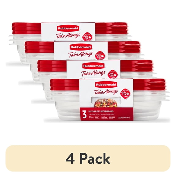 (4 pack) Rubbermaid TakeAlongs 4 Cup Rectangle Food Storage Containers, Set of 3, Red