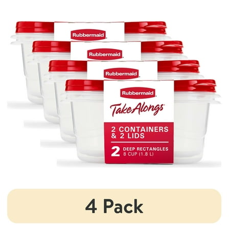 (4 pack) Rubbermaid TakeAlongs, 8 Cups, 2 Packs, Red, Plastic Deep Rectangle Food Storage Containers, A Practical Choice for Dry Goods and Bulk Ingredients
