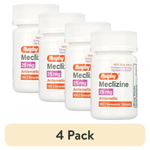 (4 pack) Rugby Meclizine 25 mg - 100 Chewable Tablets