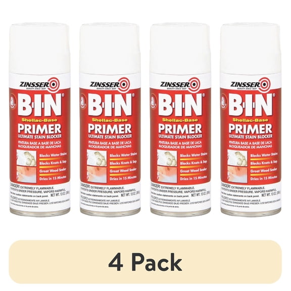 (4 pack) Rust-Oleum Zinsser B-I-N Shellac-Base Primer Spray - Quick Drying - 13 Oz, White
