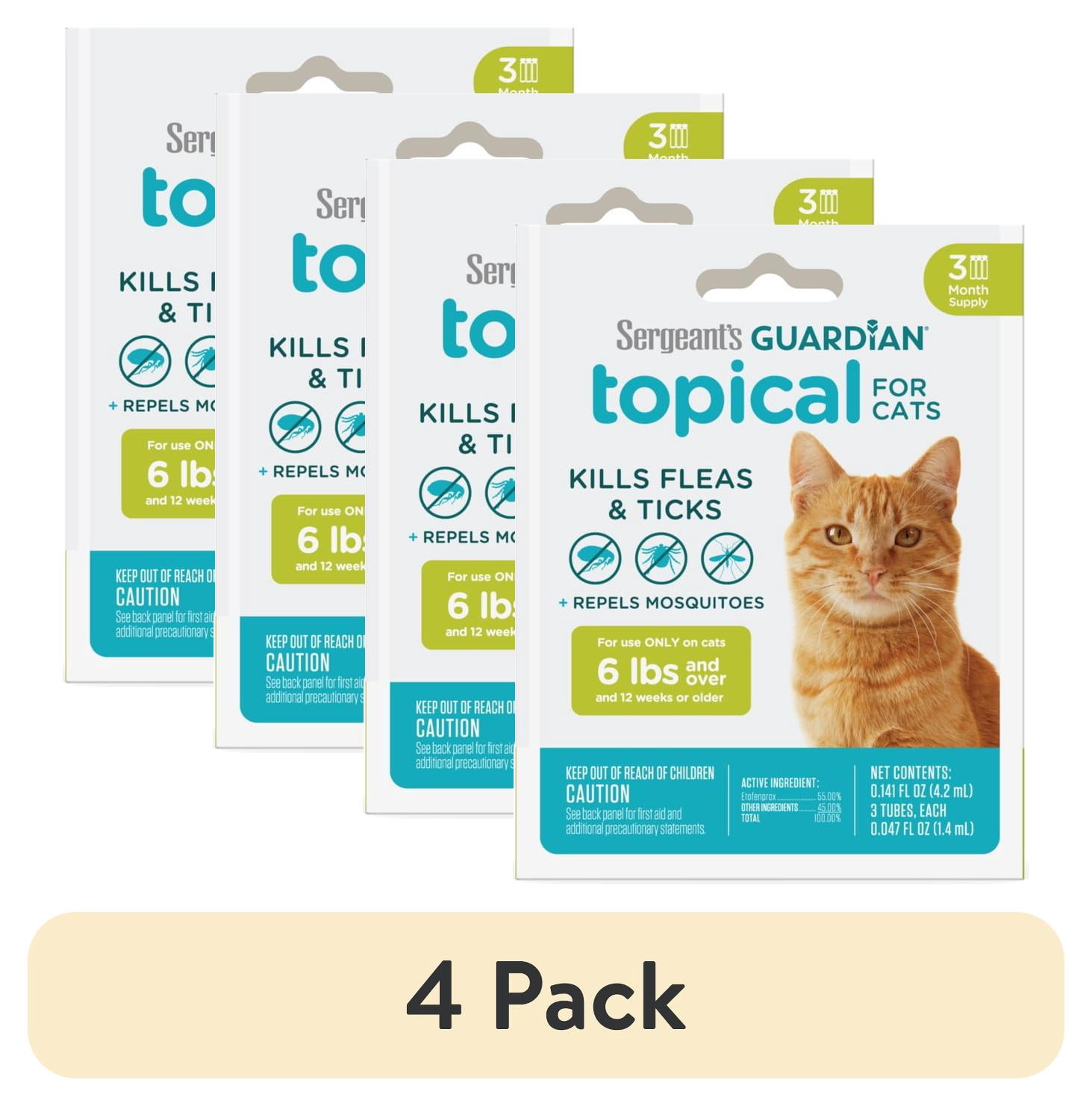 (4 pack) SERGEANT'S GUARDIAN Flea & Tick Topical for Cats, 6 lbs and Over, 3 Count
