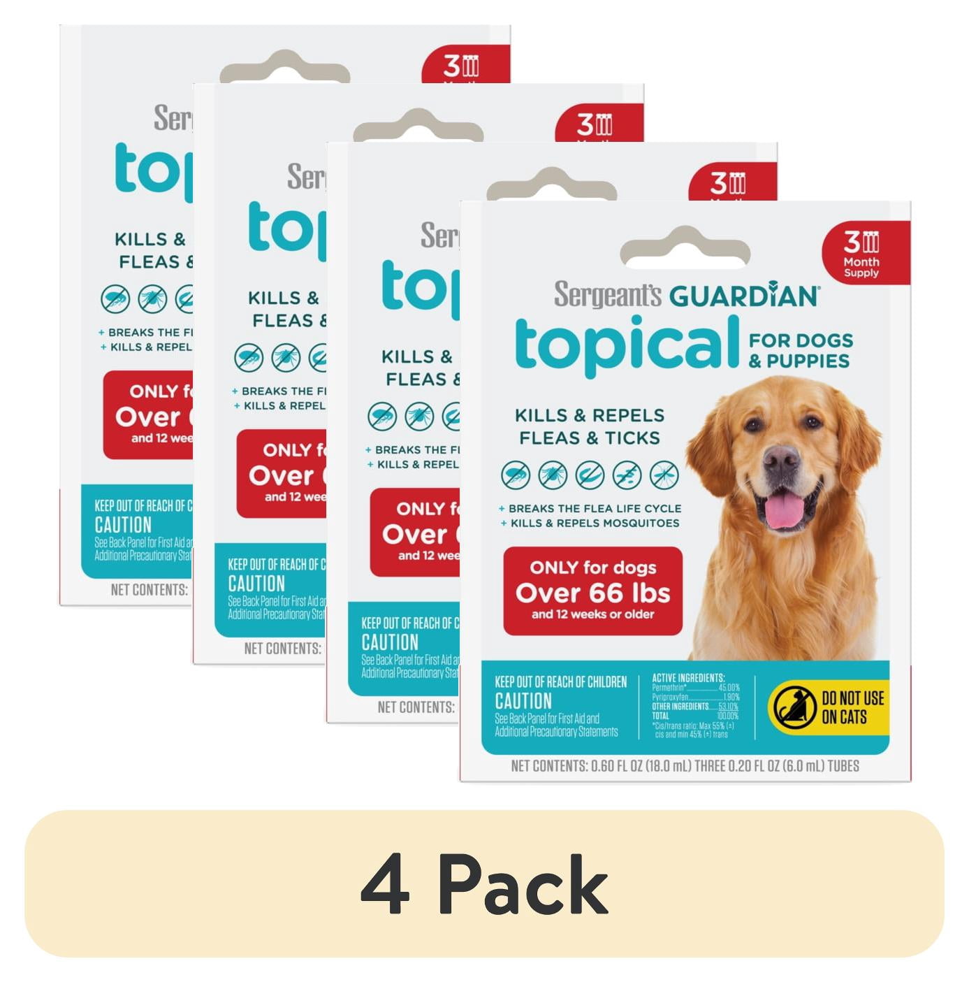 (4 pack) SERGEANT'S GUARDIAN Flea & Tick Topical for Dogs, 66 lbs and over, kills fleas and ticks, plus repels mosquitoes for up to four weeks.